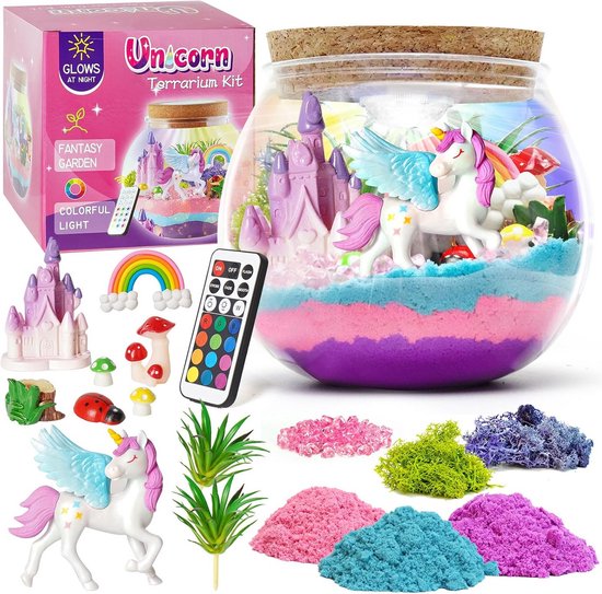 Nachtlampje Eenhoorn voor Kinderen, DIY Terrarium Knutselset, Lichtgevend Speelgoed met Afstandsbediening voor Meisjes van Merkloos