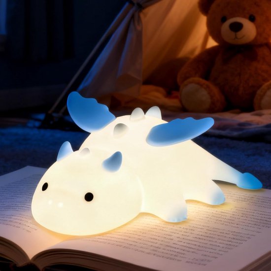 Nachtlampje in de vorm van een draak voor kinderen - 7-kleuren LED-nachtlampje - Met timer - Zacht - Dimbaar - Siliconenmateriaal - Magnetische functie - USB-oplaadbaar (1200 mAh) - Een cadeau voor baby's, meisjes en jongens - Blauw