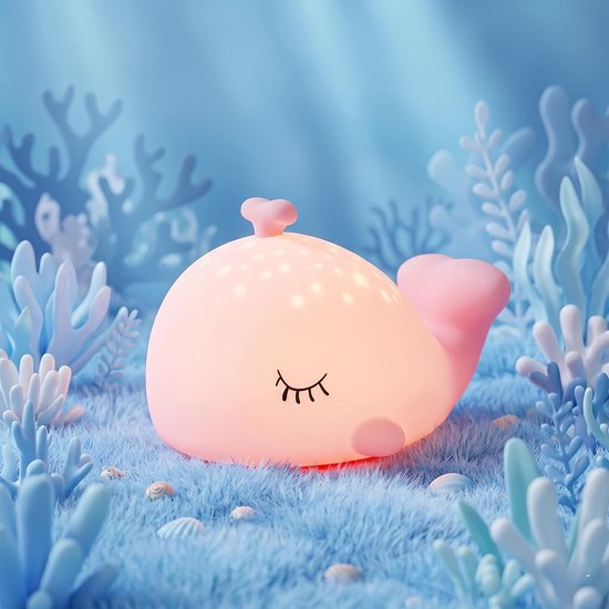 Nachtlampje in de vorm van een walvis voor kinderen – schattige siliconen lamp voor de babykamer met oceaan-thema, 7 kleuren (RGB) & timer, dimbaar, oplaadbaar via USB-C, ideaal als cadeau voor verjaardag of Kerstmis - roze