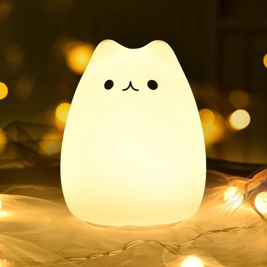 Nachtlampje Kat - Kinderlamp Sfeerlamp - Babykamer Decoratie - Tik Bediening - 15 Uur Brand Tijd - Wit