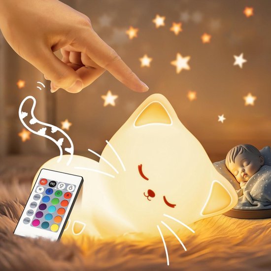 Nachtlampje kinderen - 16 kleuren afstandsbediening en USB-oplaadbaar - dimbaar nachtlampje - babybedlampje meisjes - kattendecoratie.