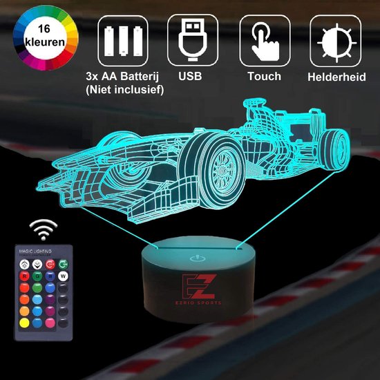 Nachtlampje Kinderen – 3D Night Light – LED Lamp – 3D Lamp – Tafellamp Slaapkamer – Night Lamp – Nachtlichtje – Verjaardagscadeau – Formule 1 – Raceauto – Remote Control van N/A
