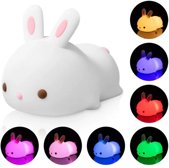Nachtlampje Kinderen, Oplaadbare Siliconen Sfeerlamp met Touch Bediening, 8 Kleurige LED Sterrenlicht, Perfect Cadeau voor Jongens en Meisjes, Veilig en Wasbaar （konijn） van Thaekwo.
