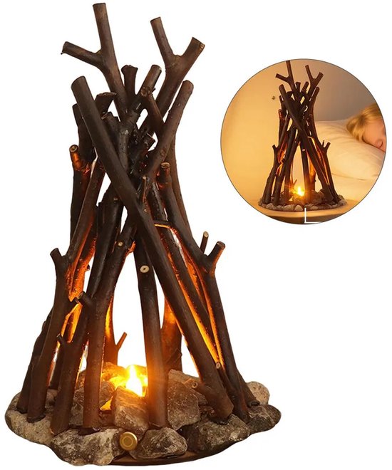 Nachtlampje, LED-nachtlampje, ontwerp met houten kampvuur, dimbare LED-verlichting, 3 lichtstanden met vlamgeluidseffect, USB-voeding, groot formaat nachtlampje voor kinderen. van Merkloos