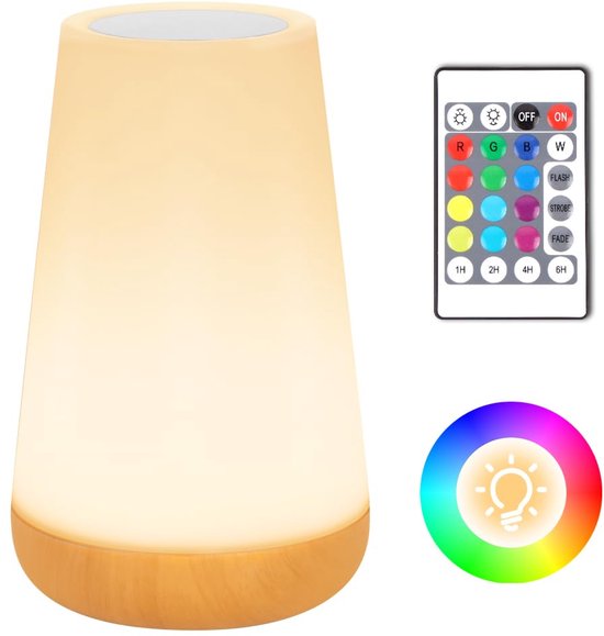 Nachtlampje, LED Touch Nachtkastje Lamp, Oplaadbaar, met Afstandsbediening, 13 RGB Kleurveranderingsstanden, 5 Helderheidsniveaus, Timerfunctie, voor Slaapkamer, Kinderkamers, Woonkamer