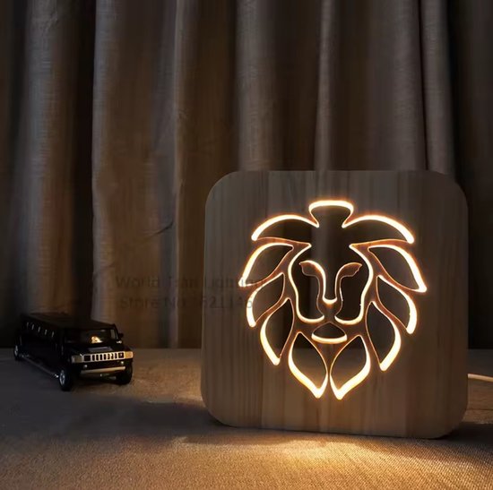 Nachtlampje - Leeuw - Jungle - Lamp - 3D LED hout - Kinderkamer - Babykamer van Merkloos