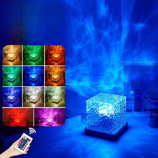 Nachtlampje met 16 roterende waterrimpels in diverse kleuren, sfeerverlichting met vlammetjes naast het bed, romantisch cadeau, projectorlamp, woondecoratie.