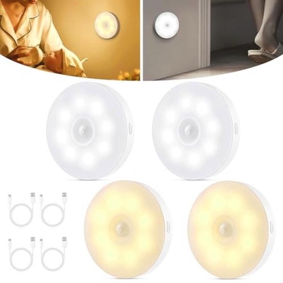 Nachtlampje met Bewegingsmelder en USB-Oplaadbare Batterij - Set van 4 voor Kinderkamers en Slaapkamers van Merkloos