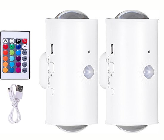 Nachtlampje met bewegingssensor - 2-pack - Draadloze sfeerverlichting voor de nacht - RGB-lampen met dubbele kop - 4,8*4,8*11 cm - Inclusief USB-oplaadkabel en afstandsbediening - Geschikt voor binnen- en buitengebruik van Merkloos