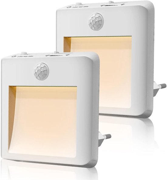 Nachtlampje met bewegingssensor - 2 stuks dimbare nachtlampjes - Plugin ledlamp - voor kinderkamer/slaapkamer/ trap/gangpad/keuken - warm wit van Merkloos