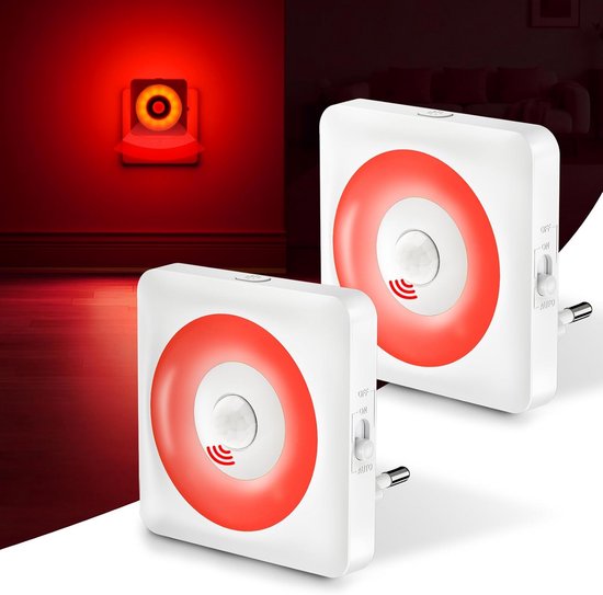 Nachtlampje met Bewegingssensor en Schemeringssensor op Stopcontact (2 Stuks) - Rood Licht, Dimbaar