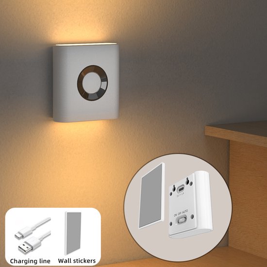 Nachtlampje met Bewegingssensor - LED Sensorlamp - Warm Wit Licht - Oplaadbaar - Muurstickers - Auto aan - Slaapkamer - Kastverlichting - 0.7W - ABS