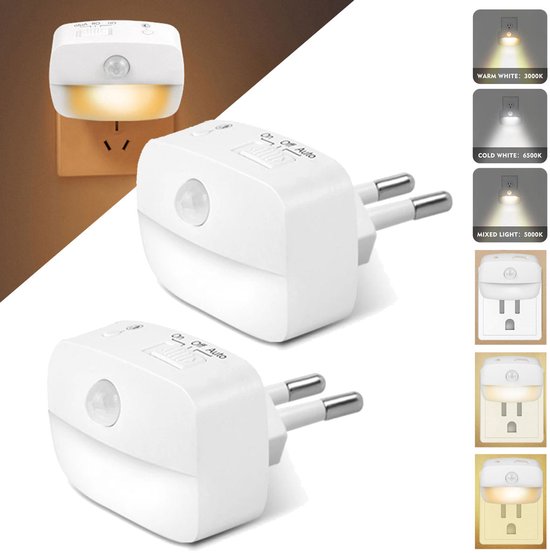 Nachtlampje met bewegingssensor Plug-in - LED- Nachtlampje Stopcontact - 3 standen - 2 stuks