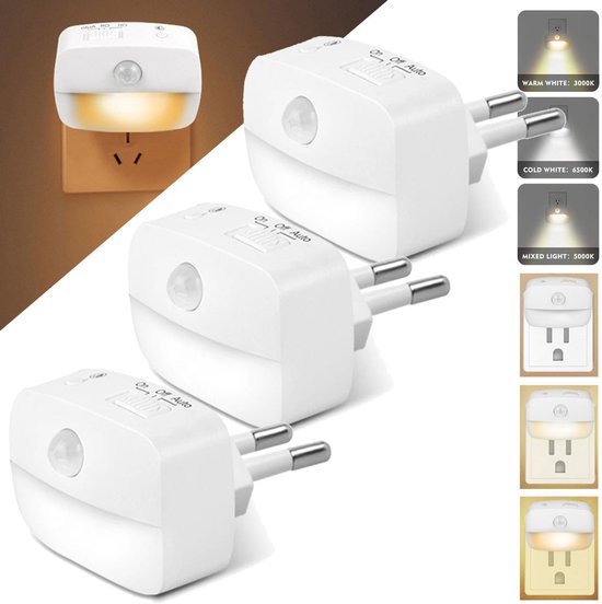 Nachtlampje met bewegingssensor Plug-in - LED- Nachtlampje Stopcontact - 3 standen - 3 stuks van Merkloos