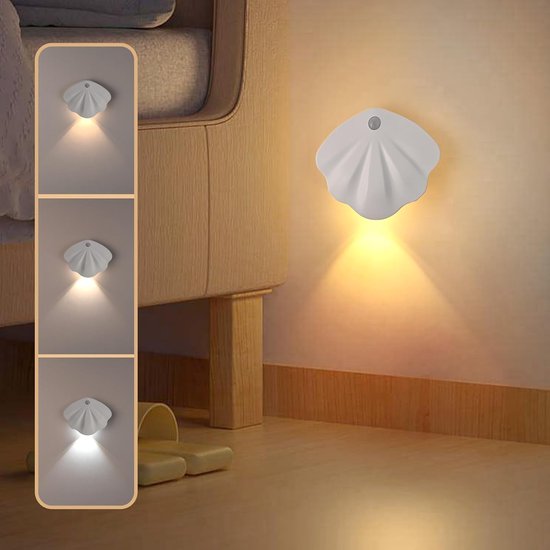 Nachtlampje met bewegingssensor - sensorlamp - LED nachtlamp - USB oplaadbaar - draadloos magnetisch - 3 kleurstanden - auto/altijd aan - schelpvorm wandlampje - wit - grote batterij van Merkloos