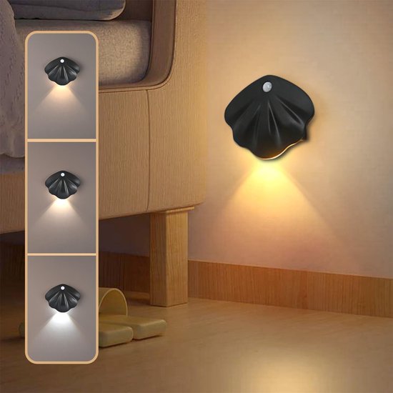 Nachtlampje met bewegingssensor - sensorlamp - LED nachtlamp - USB oplaadbaar - draadloos magnetisch - 3 kleurstanden - auto/altijd aan - schelpvorm wandlampje - zwart - grote batterij van Merkloos