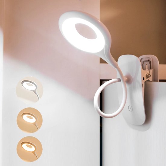 Nachtlampje met clip, aanraakbediening, oogvriendelijk ontwerp, oplaadbare USB-batterij, flexibele arm, 3 standen, wit.