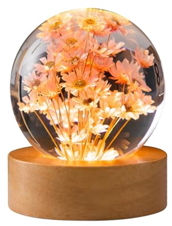 Nachtlampje met Echte Bloem en Kristallen Bal - 6 cm LED Glazen Bol met Houten Basis