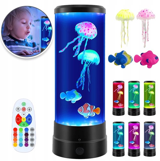 Nachtlampje Met Kwallenmotief - 17 Kleurwisselende Standen 4 Lichteffecten 2 Kwallen + 2 Vissen Borstelloze Motor USB-Voeding - Rustgevend Aquarium-Sfeerlicht - Zwarte Voet 28,5 cm van CHOOLY
