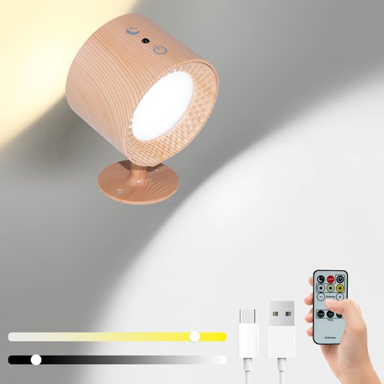 Nachtlampje - Nachtlampje kinderen - Tafellamp slaapkamer - LED-wandlamp - Touchbediening- 360° draaibaar - Oplaadbaar via USB - Dimbaar - Voor woonkamer/gang - Voor binnen met afstandsbediening (1 stuk, houtnerf kleur) van Merkloos