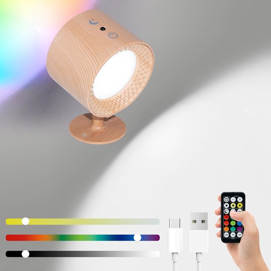 Nachtlampje - Nachtlampje kinderen - Tafellamp slaapkamer - LED-wandlamp - Voor binnen met afstandsbediening - Touchbediening - 360° draaibaar - Oplaadbaar via USB - RGB 7-kleuren dimbaar - Voor woonkamer/gang (1 stuk, houtnerf kleur) van Merkloos