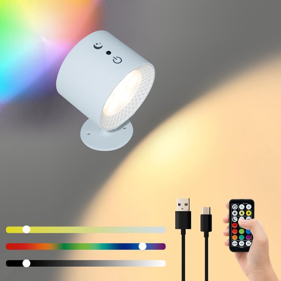 Nachtlampje - Nachtlampje kinderen - Tafellamp slaapkamer - LED-wandlamp - Voor binnen met afstandsbediening - Touchbediening - 360° draaibaar - Oplaadbaar via USB - RGB 7-kleuren dimbaar - Voor woonkamer/gang (1 stuk, wit) van Merkloos