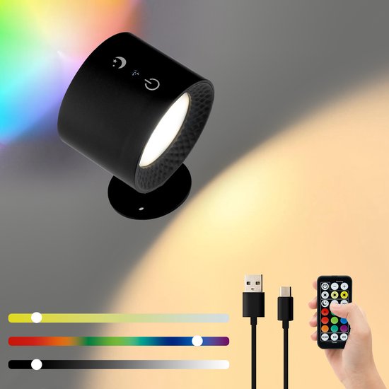 Nachtlampje - Nachtlampje kinderen - Tafellamp slaapkamer - LED-wandlamp - Voor binnen met afstandsbediening - Touchbediening - 360° draaibaar - Oplaadbaar via USB - RGB 7-kleuren dimbaar - Voor woonkamer/gang (1 stuk, zwart) van Merkloos