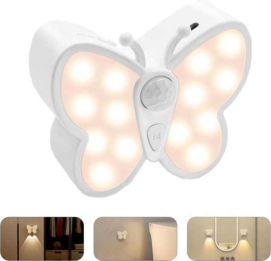 Nachtlampje - Nachtlampje volwassenen - Nachtlampje met bewegingssensor - Oplaadbaar lampje - Vlinder LED-nachtlampje met spotje - Traploos dimbaar kastverlichting en trapverlichting - USB oplaadbaar - Voor trap-Gang-Badkamer-Kinderkamer van Merkloos