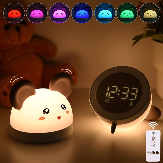 Nachtlampje, nachtlampje, wekker, led, Wake Up Light, wekkerradio, touchfunctie, dimbaar, Alba dubbel alarm, 8 geluiden, 7 kleuren, FM-snoozefunctie, oplaadbaar via USB van Merkloos