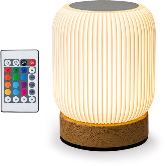 Nachtlampje - Oplaadbaar nachtlampje - Afstandsbediening - 13+ kleuren - Tijdfunctie - Wake-up Light - Sfeerlamp - Leeslamp - Tafellamp slaapkamer - Nachtlampje kinderen en volwassenen - Touch bediening - Dimbaar - Draadloos Nachtlampje Bamboe van Merkloos