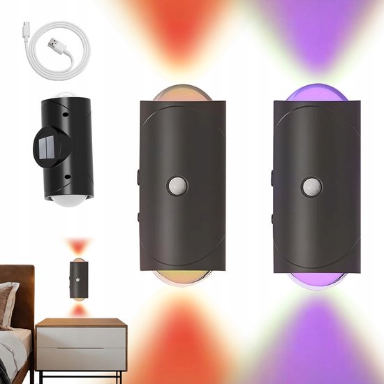 Nachtlampje - Sfeerverlichting - Slimme Nachtlampjes met Sensor - Zwart 1500mAh Oplaadbare LED - 7 Kleuren & Magnetische Montage - 2 Stuks