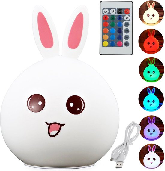 Nachtlampje - Siliconen - LED - Baby - Kind - Konijntje - Verschillende kleuren licht - Met Afstandsbediening - USB Opladen - Dimbaar - 15,5 x 12 x 10 cm - Veilig - Kraamcadeau - Wit