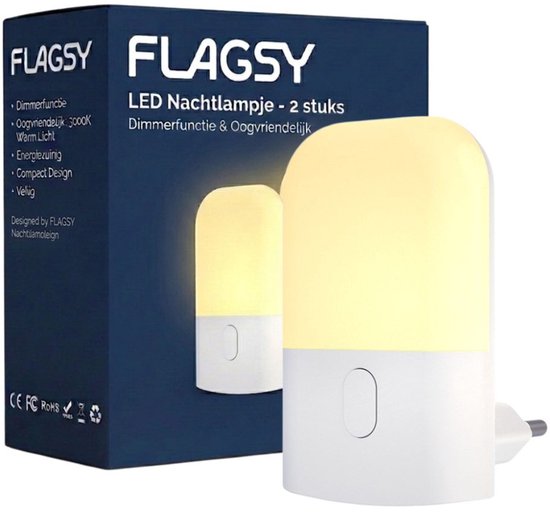 Nachtlampje Stopcontact 2 stuks Dimbaar – LED Dag en Nacht Sensor – Warm Wit voor Baby, Kinderen en Volwassenen – Flagsy