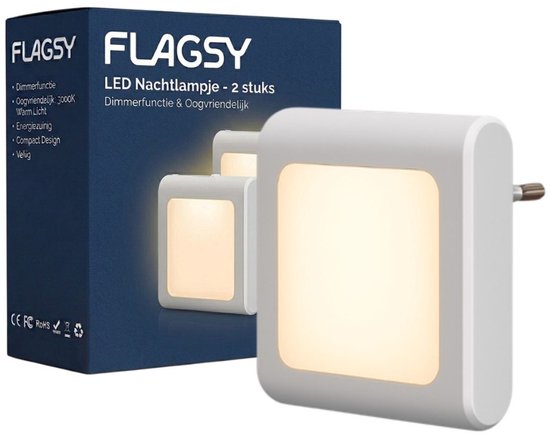 Nachtlampje Stopcontact 2 stuks Dimbaar Vierkant – LED Dag en Nacht Sensor – Warm Wit Baby en Kinderen – Flagsy
