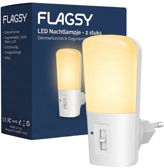 Nachtlampje Stopcontact 2 stuks - Flagsy - Dimbaar met Schemersensor - Dag en Nacht Sensor - LED - Geschikt voor Baby- en Kinderkamer - Wit van Flagsy