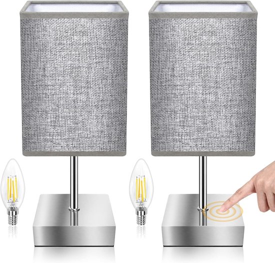 Nachtlampje - Tafellamp - Touch Bediening - Dimbaar - Nachtlampje Slaapkamer - Tafellamp Woonkamer - 3 Helderheidsniveaus - Linnen Lampenkap - Bedlampje - E14 Fitting - Inclusief LED Lamp - Modern Nachtlampje - Sfeerverlichting - Nachtkastje Lamp van Merkloos