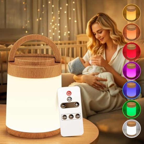 Nachtlampje voor kinderen met 10 kleuren en RGB, dimbaar met afstandsbediening, 200 uur batterijduur, 3 timers
