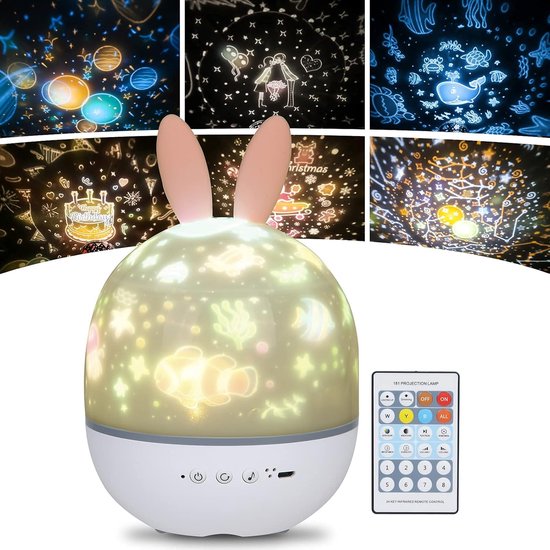 Nachtlampje voor kinderen, sterprojectorlamp, 360° draaibaar, muzikaal nachtlampje + timer + afstandsbediening + 6 kleuren, LED-nachtlampje met sterrenhemel voor babyverjaardag, konijn van One Fire
