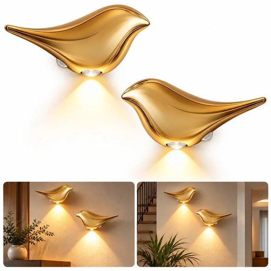 Nachtlampjes met bewegingssensor, set van 2, draadloze LED-wandlampen, vogelvormig ontwerp, magnetische bevestiging, USB-opladen, geschikt voor slaapkamers en gangen, goudkleurig.