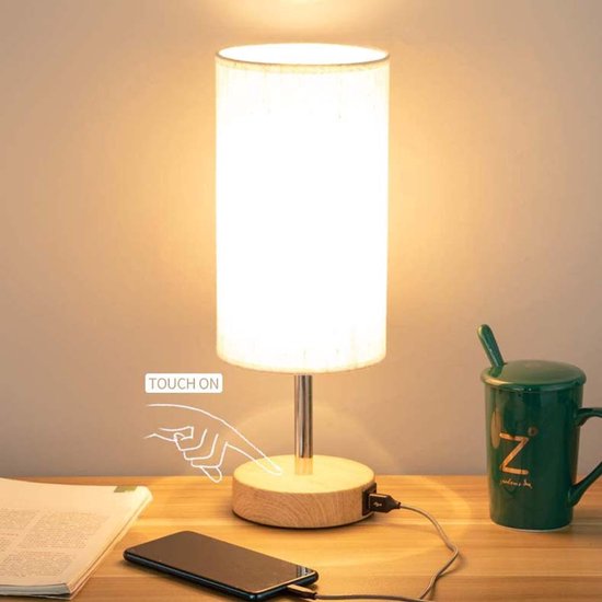 Nachtlampje/tafellamp/aanraakbediening/USB-A/C-oplaadpoort/3 helderheidsniveaus/netsnoer meegeleverd/geschikt voor slaapkamers en woonkamers (met lamp).