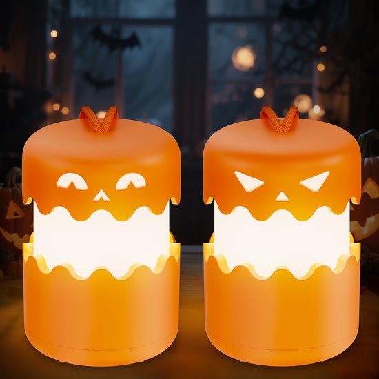 Namajunas - 2 Stusk Halloween pompoen nachtlampje - Met Draagkoord - Duw-trek schakelaar - Opvouwbaar - USB Oplaadbaar Nachtlamp - Sfeerlamp - Bedlampje - Decoratie voor Huis - Cadeaus - Voor Woonkamer & Slaapkamer - halloween decoratie van Namajunas