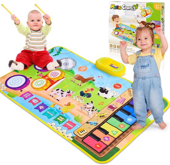 Namajunas - 3 in 1 Muziekmat - Kinderspeelgoed 1 2 3 Jaar - Dansmat - Pianomat - boerderijdier touch speelkleed - Pianoklavier & Drumset met 2 Drumstokken - Cadeau Vroeg Educatief Muzikaal Leerspeelgoed - meisjes en jongens - Babyspeelgoed van N\A