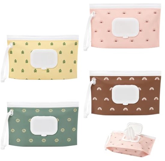 Namajunas - 4 stuks Navulbare vochtige doekjes tasje - Met drukdeksel & draaglus - Vochtige tissuehouder - Herbruikbaar - Billendoekjes houder onderweg - Voor make up doekjes, reinigingsdoekjes - Baby cadeau - Kraamcadeau - Accessoires