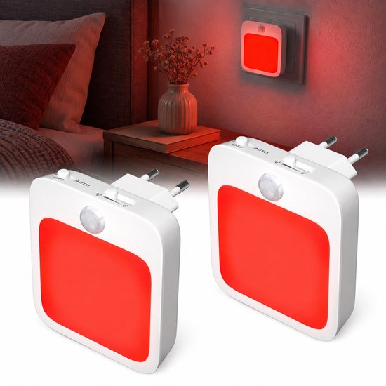 Namajunas 625 nm Rood LED Nachtlampje Stopcontact - 2 Stuks - Met Bewegingssensor - Dimbaar - Voor Babykamer, Slaapkamer, Gang en Trap van Namajunas