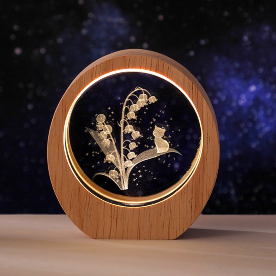 Namajunas - kristal 3D gegraveerde nachtlampje met houten ronde lijst - zacht warm LED licht - gegraveerd met lelietjes-van-dalen en een kat - USB voeding - romantisch tafelornament, cadeau voor verjaardag, sfeerverlichting voor slaapkamer van Namajunas
