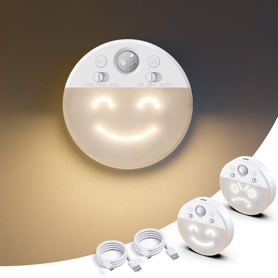 Namajunas - Nachtlampje volwassenen en kinderen - Bewegingssensor LED-nachtlamp met 4 gezichtsuitdrukkingen - Dimbare - Herlaadbare LED-wandlampen met timer - 3000K zacht warmwit ganglicht - sfeerverlichting - 2 Stuks van Merkloos