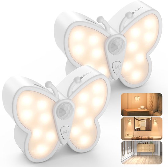 Namajunas - Nachtlampje volwassenen en kinderen - Dimbare Vlinder LED-nachtlampje - Slimme bewegingssensor nachtlamp met spotfunctie en 2 kleurtemperaturen - Magnetische oplaadbare nachtlampje voor slaapkamer, wand - 2 stuks van Merkloos