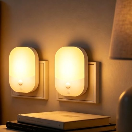 Namajunas – Stopcontact nachtlamp 2 stuks - 5 lichtsterktes, 3 werkstanden - Opvouwbaar - Warm geel licht - Met dag/nachtsensor - Geschikt voor baby's, kinderen en volwassenen