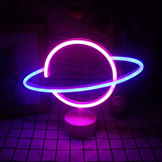 Neonlicht Planeet LED Tafellamp - Lichtblauw en Roze - Decoratieve Nachtlamp voor Kinderkamer en Feestjes - USB/Batterij Voeding van Merkloos