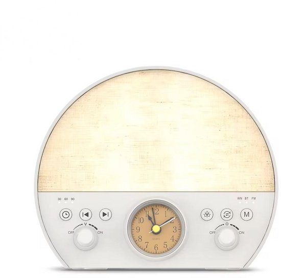 Nexeli NX-WN-15 Wake-up Light – FM Radio – White Noise – Bluetooth Speaker – 30 Slaapgeluiden – 8 Kleuren Nachtlamp – Dimbaar – Houten Wekker